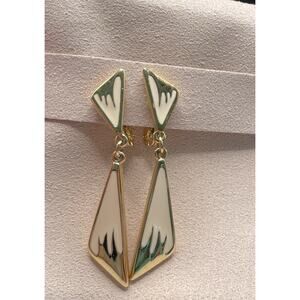 Vintage Monet Signed Clip On Earrings Geometric with Gold & Elegant Cream Enamel